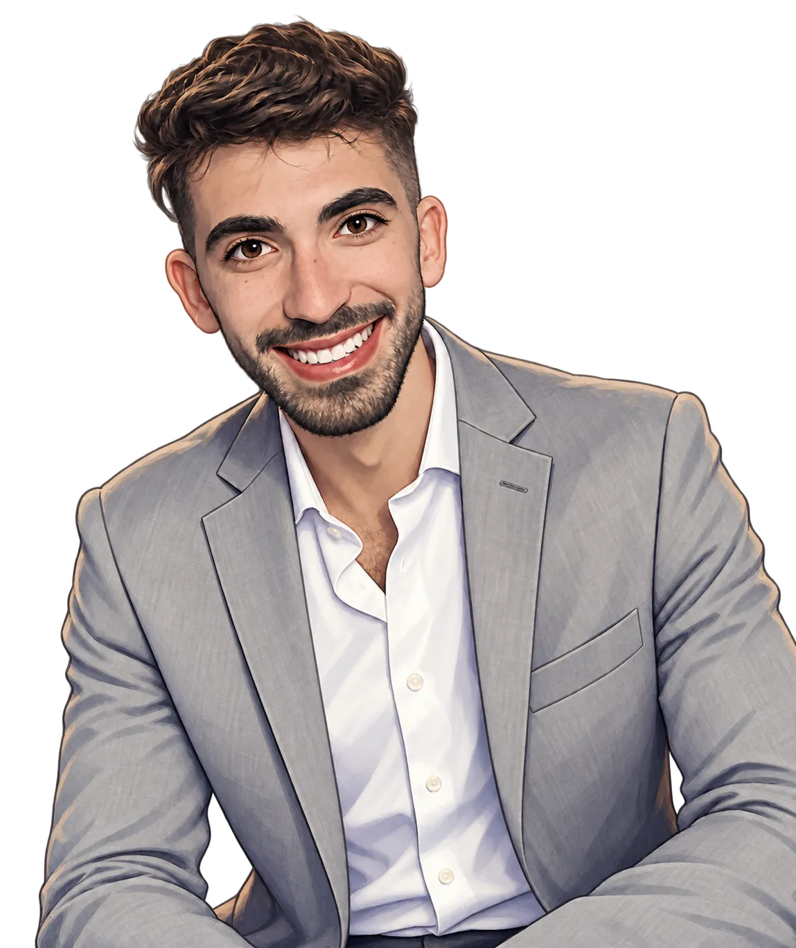Smiling caricature of Youssef in a light gray blazer and white shirt