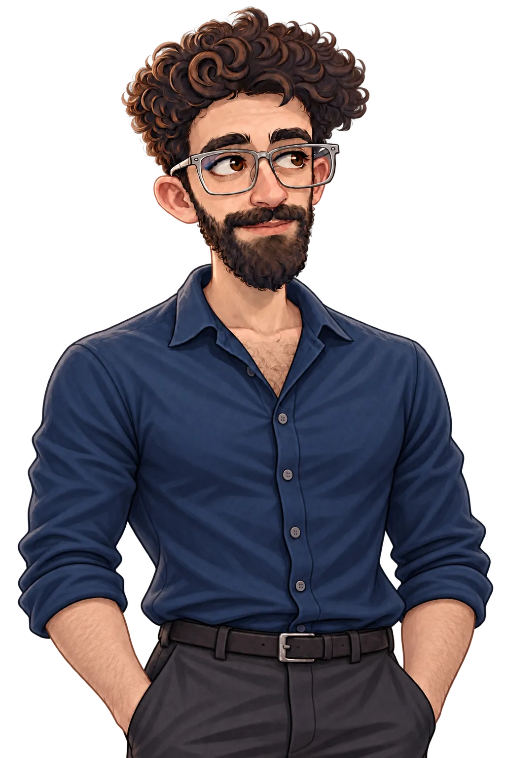Illustrated portrait of Youssef with curly hair, glasses, and a beard, wearing a navy shirt