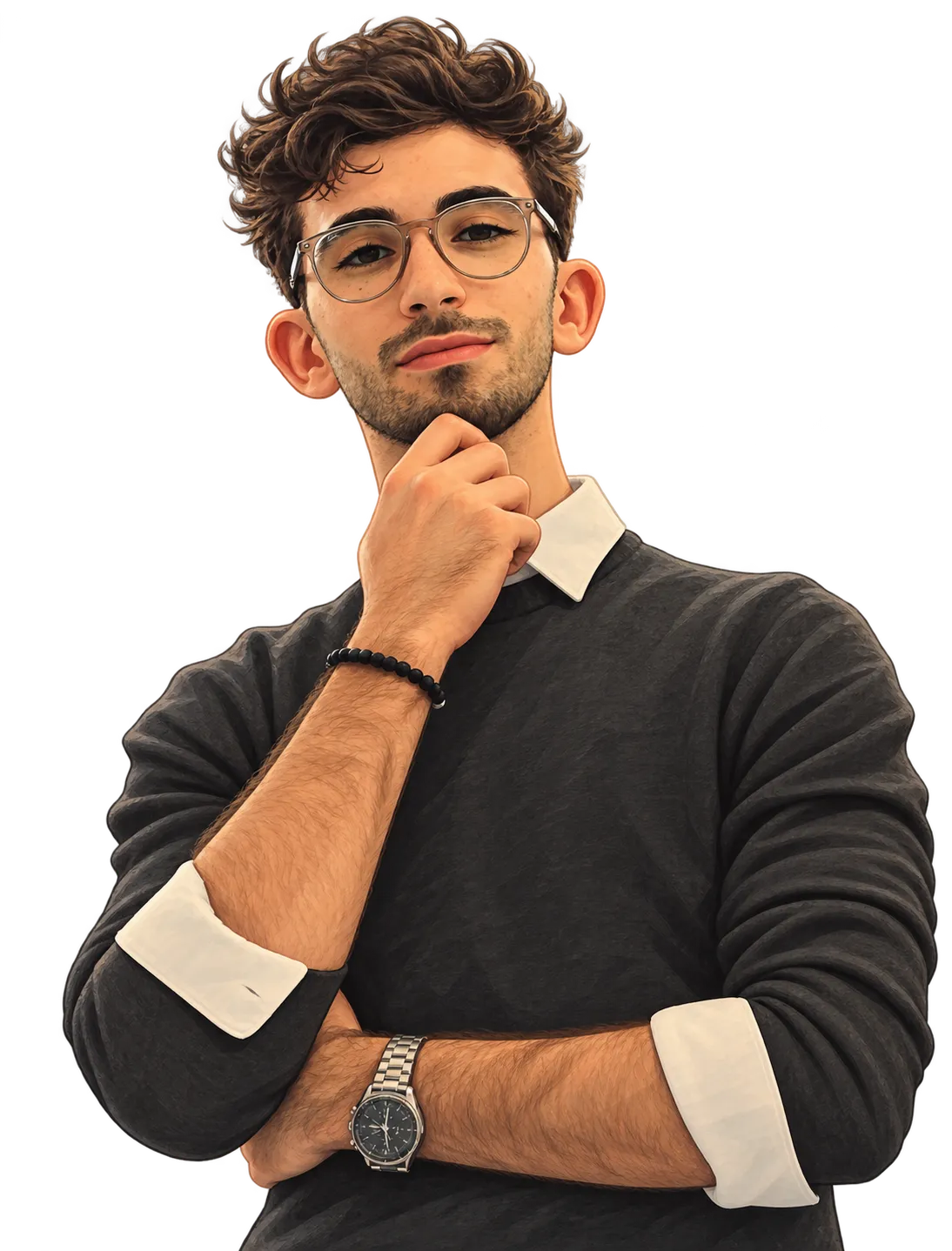 Caricature of Youssef wearing glasses and a charcoal sweater, resting a hand under his chin