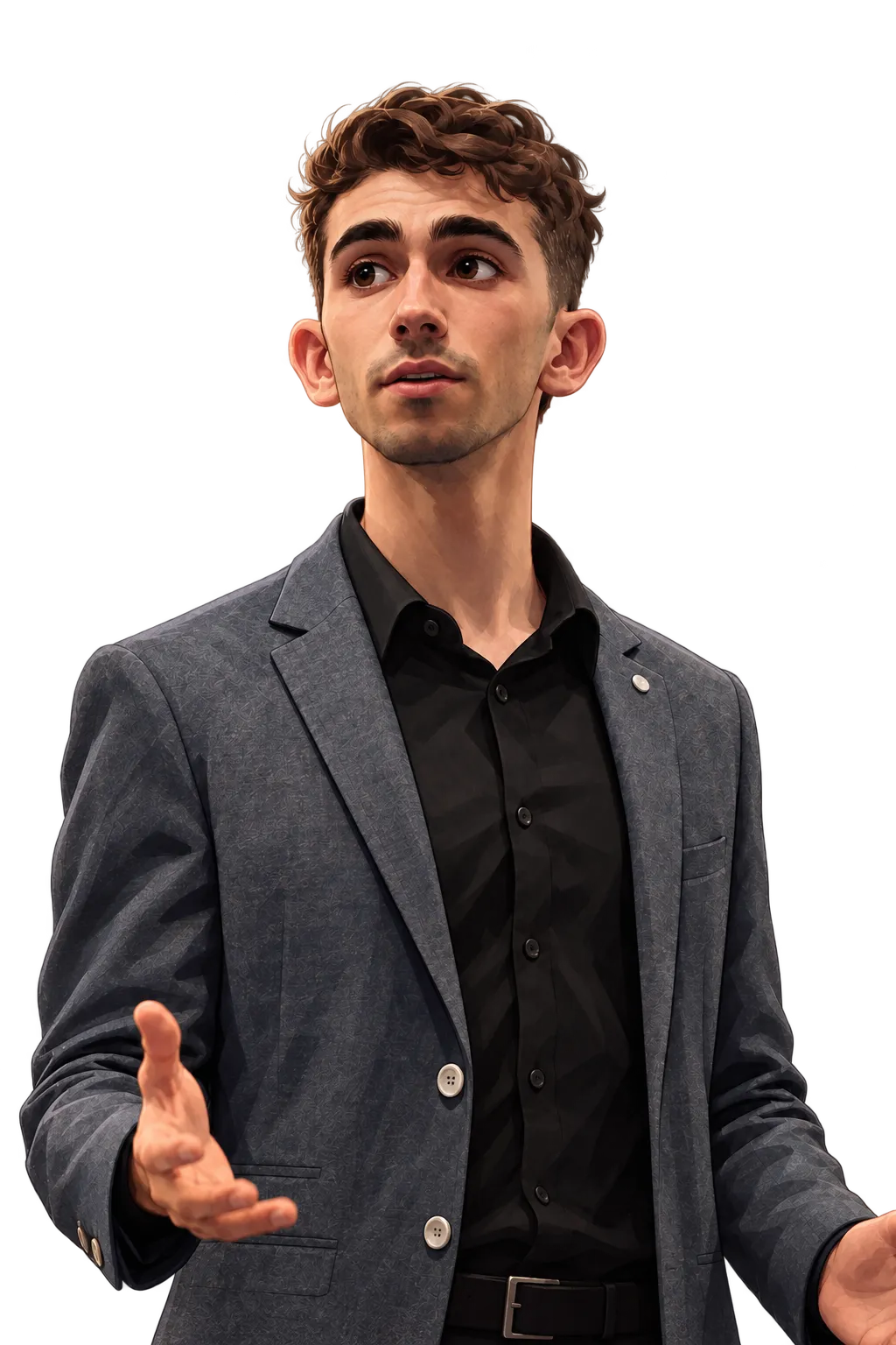 Caricature of Youssef in a blazer, gesturing while speaking
